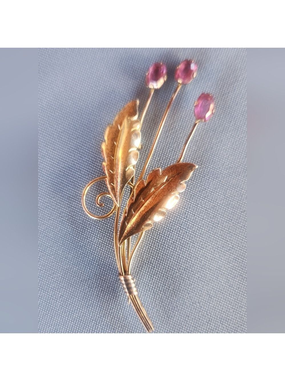 Van Dell Brooch 12kt Gold On Sterling Silver Pin Floral Leaves Pink Gemstones